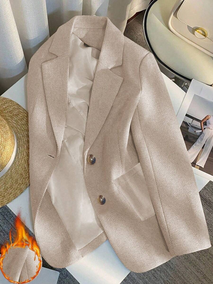 Franclia Áo blazer dáng suông dài tay, cổ ve lật, túi vá, chất liệu vải xương cá, thích hợp cho nữ mùa thu. - Màu be - Xem 1