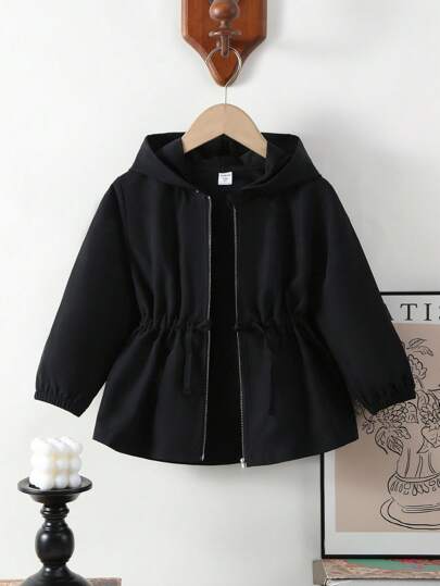 SHEIN Genkimix Kids 1pc Young Girl's Solid Color Casual Hooded Jacket With Waist Design, Suitable For Autumn And Winter Wear, Applicable For School, Outdoor Activities, Family Gatherings, Providing Warmth And Comfort. Black Jacket For Girls Girls Black Hooded Jacket Kids Black Zip Up Jacket Baby Girl Coat Toddler Girl Jacket Black Hooded Jacket For Girls Black Zip-Up Jacket Kids Girls Black Lightweight Jacket Cute Black Hooded Coat For Girls Toddler Girl Black Jacket Fall