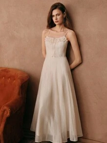 SHEIN Unity 度假风格婚礼派对礼服，女式长款无袖细肩带连衣裙 - 杏色 - 查看 5