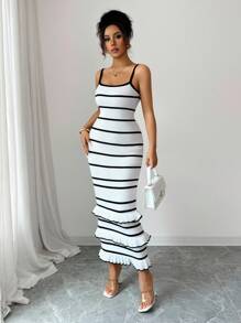 Elenzga 女式优雅合身荷叶边下摆撞色吊带毛衣裙