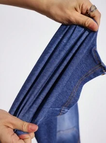 Flexra Jeans de mezclilla de punto con cintura alta elástica, dobladillo dividido y lavado casual para mujer - Azul lavado medio - Ver 6