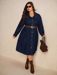 Elaquor 加大码深蓝色牛仔连衣裙衬衫式长袖长裙腰部设计秋季时尚穿搭OOTD - 深色水洗藍 - 查看 9