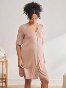 BloomMama Umstandsmode Loungewear - Kurzarm Oberteil + knielanger Jumpsuit - Braun - Übersicht 4