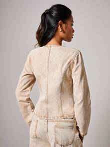 COSMINA Denim Women's Solid Color Front Button Fitted Long Sleeve Denim Blouse, Fall Women Clothes - Apricot - View 2