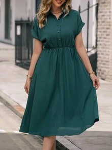 EMERY ROSE Batwing Sleeve Shirt Dress Without Belt Maxi Women Outfit - Dark Green - View 3