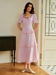 Omancia Robe fendue élégante à volants et dos nu pour femmes, convient pour les sorties, la maison, le thé au jardin, les rendez-vous, la rentrée scolaire, Thanksgiving, Halloween - Rose bonbon - Voir 3