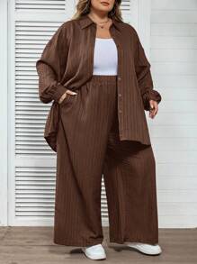 SHEIN CURVE+ 大码休闲纯色衬衫和裤子两件套