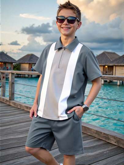 2pcs/Set Tween Boy Casual Collegiate Color Block Polo Shirt & Shorts Set, Suitable For Commuting, Schooling, Daily Casual Wear & Sports, Spring/Summer Boys Summer Suit Boys Resort Wear