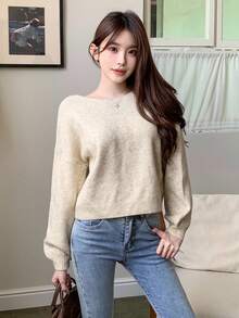 SHEIN Teen Girl Bow Decor Minimalist Long Sleeve Sweater, Casual Everyday Wear Winter Clothes, Long Sleeve Sweaters - White - View 5