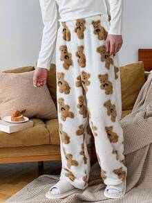 DAZY Men's Bear Pattern Fleece Lounge Pants, Autumn/Winter, Fall Fluffy Pajama