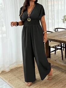 Weeklong Mono informal con cintura fruncida con cordón y mangas cortas de unicolor para mujer de talla grande