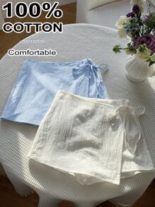 Comfortcana 大码女式纯色侧系带裹身裙裤 - 淺藍色 - 查看 1