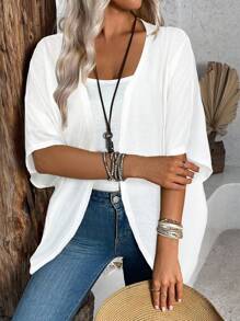 EMERY ROSE Casual White Lightweight Jacket - Knitted Fabric With Asymmetrical Hem And Batwing Sleeves Summer Cardigan Short Sleeve Cardigan White Shrug White Cardigan Fall Clothes Winter Clothes - White - View 3