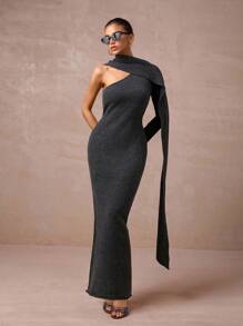 Lumalex Fall Winter Goth Modest Old Money Glitter Holiday Party Outfit Rave Festival Outing Vacation Bohemian BOHO Outdoor Richly Layered Wedding Season Banquet Coming Of Age Ceremony Asymmetrical Neck Wrap Neck Bodycon Knit Dress For Women Open Shoulder Dress Elegant One Sleeve Dress Maxi Dress Asymmetrical Dress Gray Dress Luxury Prom Christmas New Year - Dark Grey - View 9