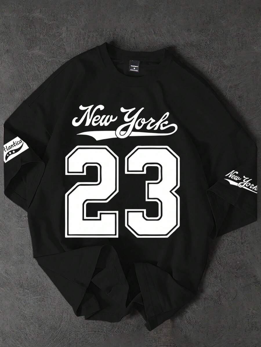 PAVTROS Camiseta de manga corta casual y holgada con cuello redondo y estampa gráfica de letras para hombre - Negro - Ver 1