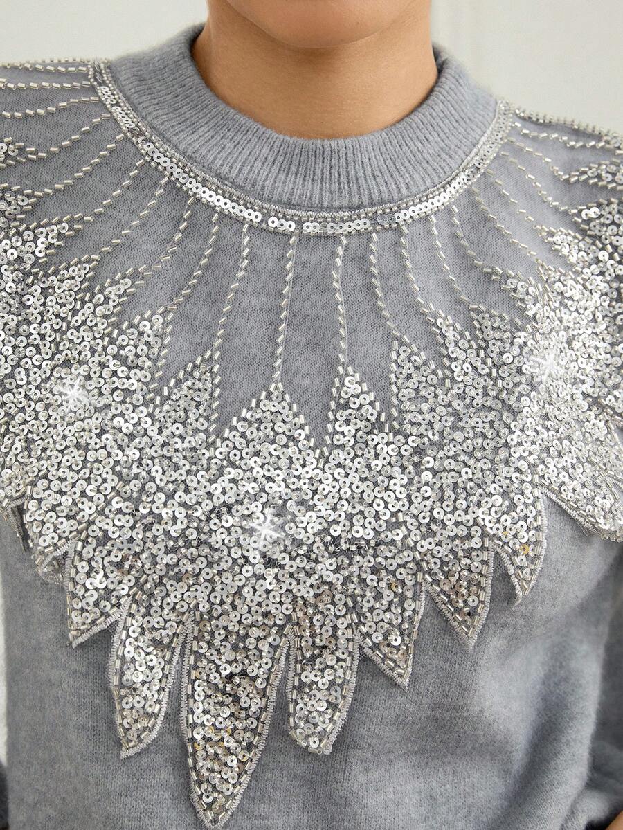 Zanirela Elegant Feather Embellished Beaded Pullover Sweater, Sophisticated Design, Chic & Graceful - Grey - View 1
