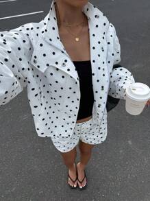 Muchica 女士波尔卡圆点印花长袖拉链夹克和短裤休闲宽松两件套
