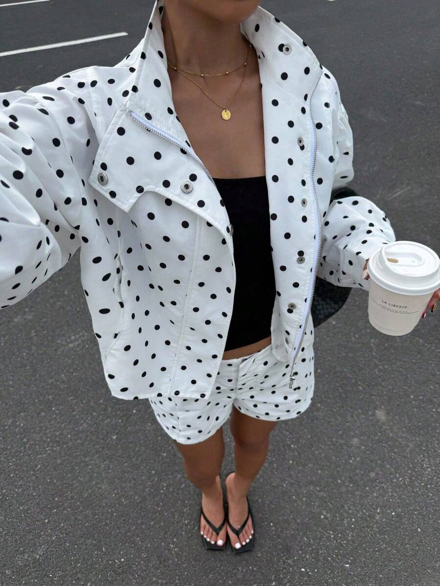 Muchica 女士波尔卡圆点印花长袖拉链夹克和短裤休闲宽松两件套