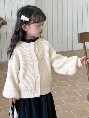 Dazy Kids Cardigan à manches longues et épaules tombantes de couleur unie pour jeunes filles, automne