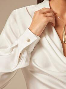 Silquee 女士优雅通勤纯色高领时尚衬衫 - 白色 - 查看 6