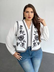 Firerie 大码优雅休闲度假西部复古学院风无袖夹克，花卉印花休闲背心 - 黑與白 - 查看 4