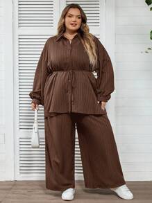 SHEIN CURVE+ 大码休闲纯色衬衫和裤子两件套