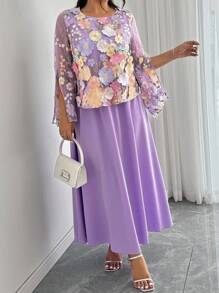 Elenzga Bộ 2 món áo lưới họa tiết hoa 3D thanh lịch cỡ lớn - Màu tím - Xem 7