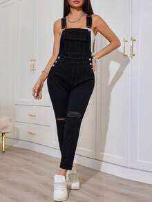SHEIN PETITE Women's Pocket Distressed Skinny Casual Denim Jumpsuit