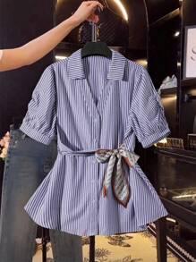 Calvaya Plus Size Women's Striped Short Sleeve Single-Breasted Casual Commuter Shirt, Summer - Multicolor - View 1