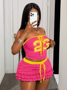 Slaydiva Bộ sưu tập Xuân/Hè mới về, phong cách thể thao đường phố & gợi cảm, màu vàng phối viền đen, in số 23, áo corset ôm sát có dây rút trang trí, áo kiểu dáng thông thường và chân váy ngắn xếp tầng nhiều lớp, bộ 2 món cỡ lớn dành cho nữ - A - Màu Hồng Tươi - Xem 4