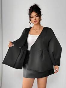 Elenzga Chaqueta elegante de mujer de talla grande con cuello en V, unicolor, manga abullonada y botones - Negro - Ver 8
