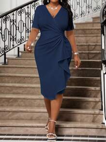 SHEIN Lady 春夏优雅复古工作婚宴情人节新年派对针织深V领水钻荷叶边新款修身连衣裙大码礼服正式舞会礼服大码连衣裙 - 藏蓝色 - 查看 6