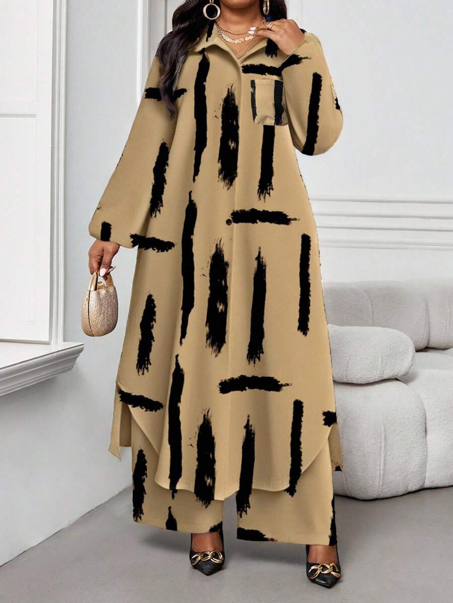 SHEIN Lady Xuân Hè Thu Đông Thường Ngày Thanh Lịch Công Sở Nhiều Màu Sắc Áo Sơ Mi Cổ Chữ V Tay Áo Có Túi Dài Tay Dài Cỡ Lớn Phối Đồ Đi Nghỉ Bộ Hai Mảnh Trang Phục Đi Nhà Thờ Nữ Trang Phục Công Sở Cho Nữ Trang Phục Mùa Hè Cho Nữ, Trang Phục Mùa Hè 2 Món - Màu Khaki - Xem 1