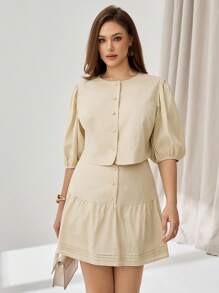 Auralis 大码女式夏季短裙套装、女式两件套、裙裤套装、杏色短袖套装、休闲女装可爱上衣女士休闲套装女士套装女士狂欢装休闲女装 - 杏色 - 查看 7