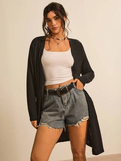 معطف مقاس كبير بلون موحد وبجيب مرقع مفتوح من الامام