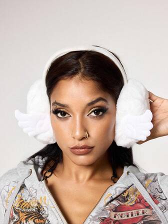 Anime 1pc Cute Solid Color Plush Wing Earmuffs, Lolita Style White Fluffy Thick Earmuffs, Foldable Winter Ear Warmers