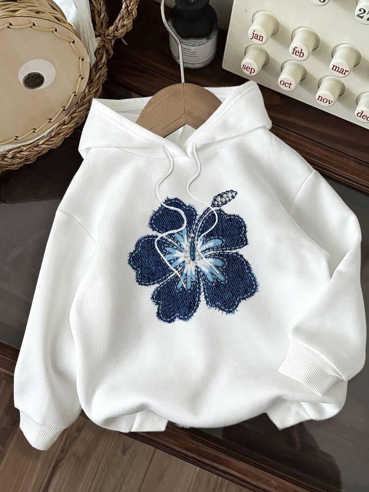 Attitoon Sweat-shirt à capuche ample et épais à imprimé floral bleu minimaliste et décontracté, grande taille, convient pour l'automne/l'hiver, imprimé floral