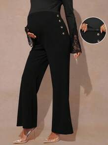 MaterniChic Pantaloni eleganti a zampa con design a bottoni regolabili in vita, colore tinta unita, per gravidanza - nero - Visualizzare 1