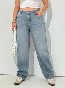 EURMUSE 100%Cotton Plus High Waist Straight Leg Jeans - Light Wash - View 5