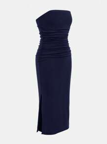 Tween Girl Casual Streetwear Summer Outfit Split Thigh Black Tube Snug Fit Dress, Matching Family Set Strapless Dress Teen Girls Tube Top Dress Navy Blue Dress Tween Girl Midi Dress Girls Midi Dress - Navy Blue - View 5