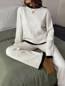 EURMUSE Casual Crew Neck Rib Knit Melange Yarn Contrast Color Stripe Hem And Neckline Drop Shoulder Relaxed Fit Sweater & Wide Leg High Waist Rib Knit Pants 2 Pieces Knit Set For Fall Winter Women,Petite - Apricot - View 1