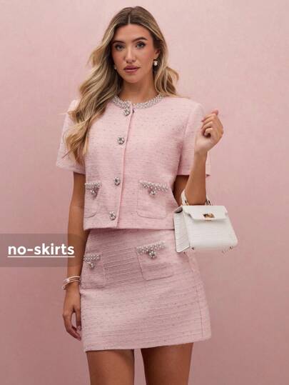 Enchnt Fall/Winter Romantic Women's Elegant Pink Tweed Pearl Embellished Single-Breasted Short Sleeve Jacket,Sweet&Elegant&Fashionable For Vacation&Date&Holiday&Birthday&Party&Graduation&Wedding Guest&Office&Going Out,Back To School,Fall Jackets For Women,Autumn Clothes