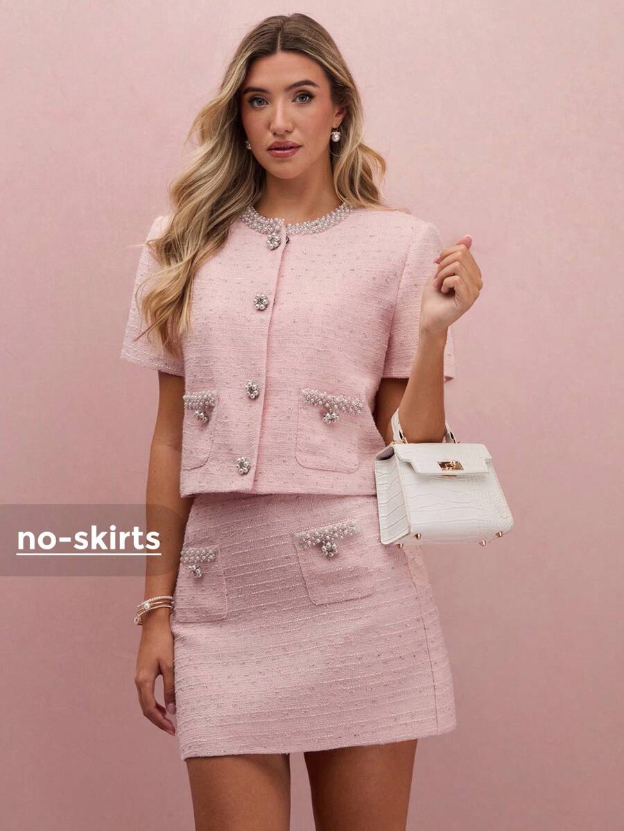 Enchnt Fall/Winter Romantic Women's Elegant Pink Tweed Pearl Embellished Single-Breasted Short Sleeve Jacket,Sweet&Elegant&Fashionable For Vacation&Date&Holiday&Birthday&Party&Graduation&Wedding Guest&Office&Going Out,Back To School,Fall Jackets For Women,Autumn Clothes
