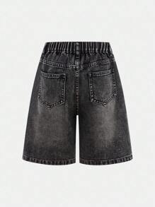 SHEIN Tween 女童口袋阔腿宽松休闲百搭牛仔短裤 - 灰色 - 查看 2