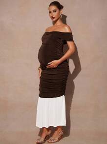 MaterniChic Autumn And Winter Elegant Maternity Off-Shoulder Color Block Patchwork Fishtail Dress - Brown - View 7