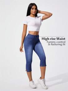 Flexra Jeans de mezclilla de punto con cintura alta elástica, dobladillo dividido y lavado casual para mujer - Azul lavado medio - Ver 5