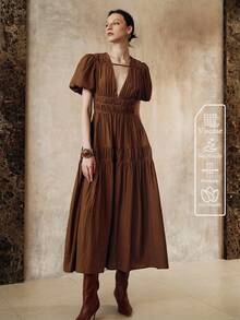 Arave Women's Coffee Brown Viscose Textured Deep V-Neck Puff Short Sleeves Elegant Date Long Dress,Summer Holiday Tea Party Holiday Elegant Fall Clothes - Brown - View 6
