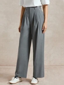 Briarwyn Women's Casual Solid Color Pleated Straight Leg Pants - Grey - View 5