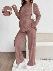 SHEIN 2pcs Maternity Solid Color Ribbed Drawstring Hoodie Sweatshirt And Pants Casual Set - Pink - View 5