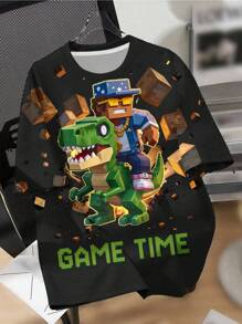 SHEIN Tween Boy Casual Simple Short Sleeve Round Neck T-Shirt, Suitable For Summer Boys Gaming Shirts Pixelated Dinosaur Shirt Block Game Shirt Game Time Shirt - Multicolor - View 2
